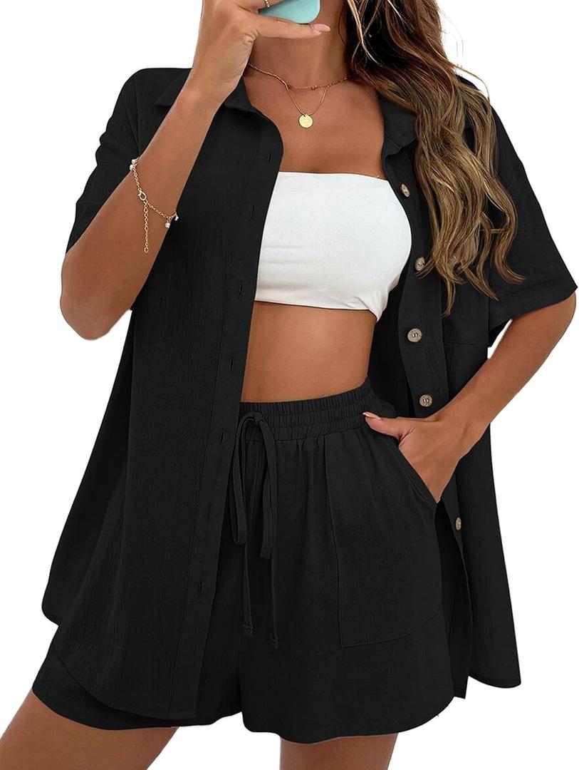 APAFES Women Summer Cotton Linen Short Sets 2 Piece Shorts Top Lounge Beach Vacation Two Piece Outfits Tracksuits (Large, Black)