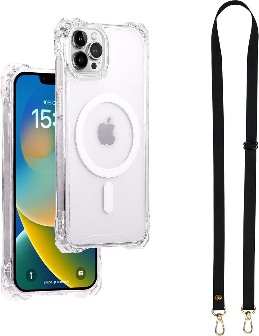 Magnetic Case for iPhone 16 Pro, Compatible with MagSafe, Clear Strong Magnetic Soft Frame PC Back Shockproof Protective Case Cover with Detachable Lanyard, Clear