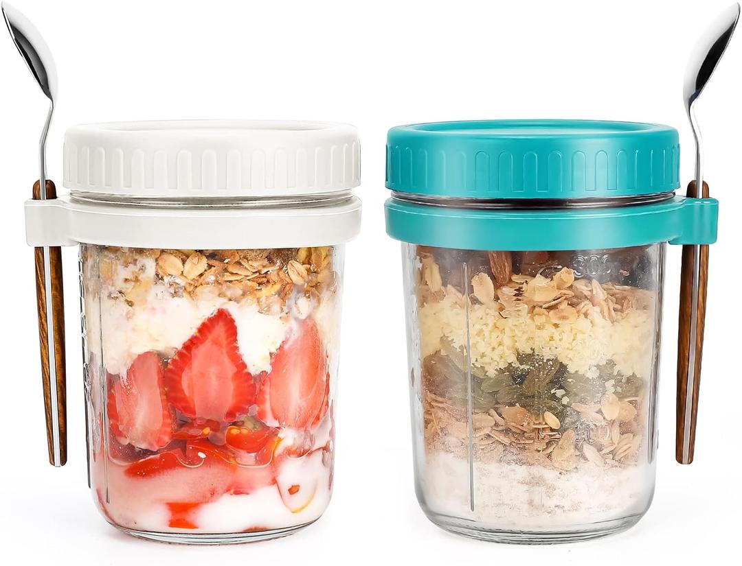 Overnight Oats Jars with Spoon and Lid 16 oz [2 Pack], Airtight Oatmeal Container with Measurement Marks, Mason Jars with Lid for Cereal On The Go Container (white and green)