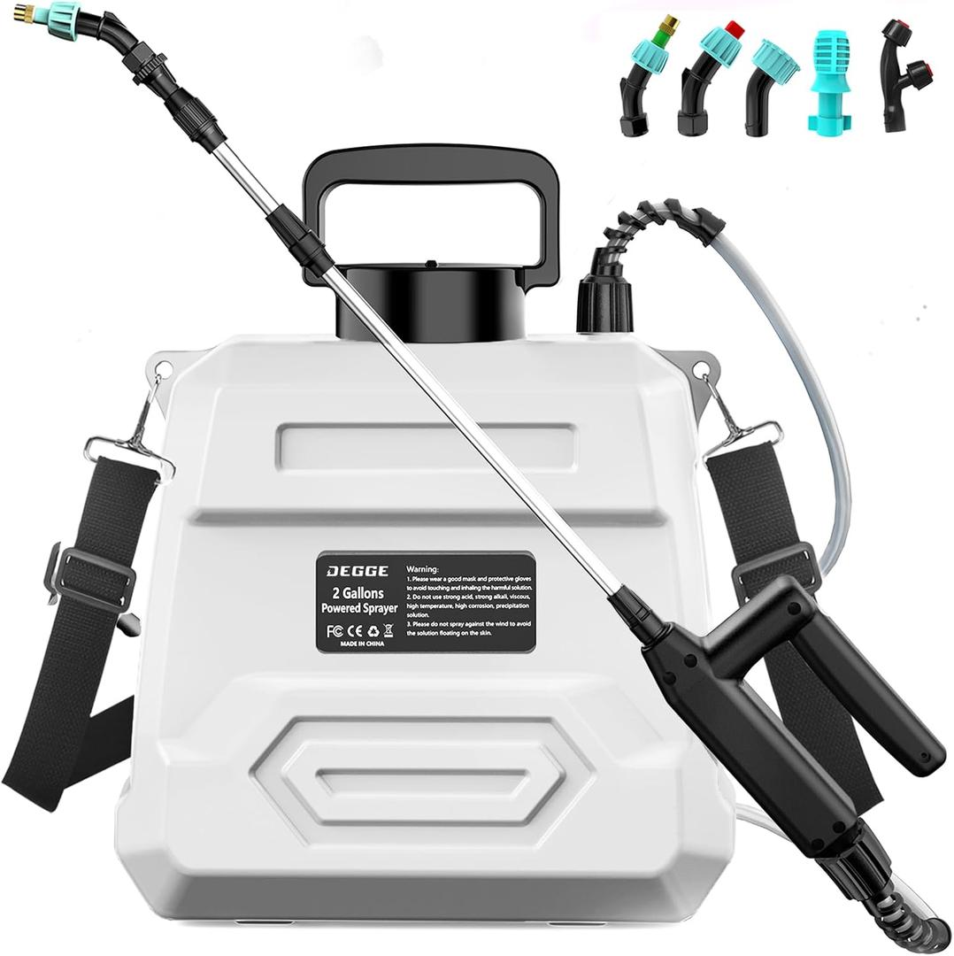 DEGGE Battery Powered Sprayer 2 Gallon, 7.4V Powerful Electric Pump Sprayer, Weed Killer Sprayers with Rechargeable Handle & 5 Mist Nozzles & Retractable Wand & Adjustable Strap for Lawn, Garden, Yard