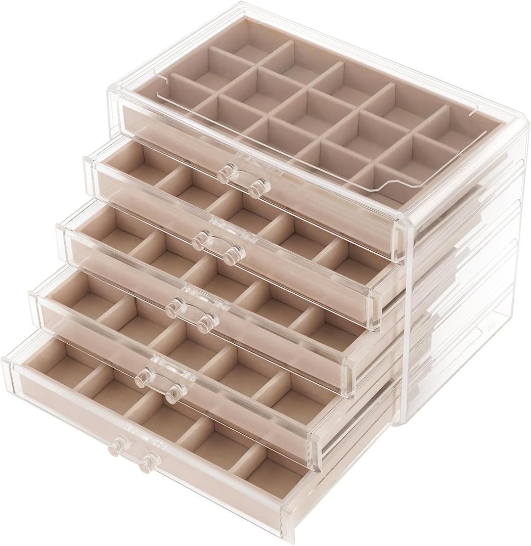 Jewelry Box OrganizerAcrylic Storage Organizer with 5 Drawers Adjustable Velvet Trays grid size Jewelry Storage Box Clear Jewelry Organizer Gift for Women Girls (5 layer)