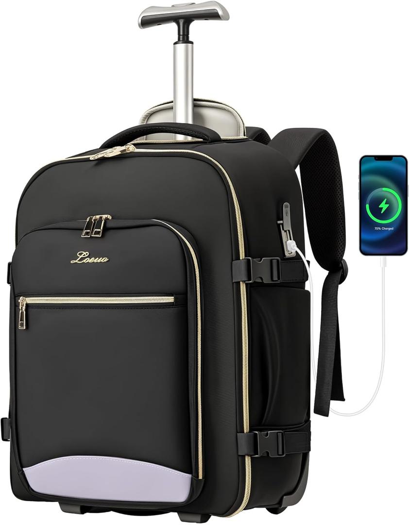 Carry On Backpack with Wheels for Adults, Airline Approved Rolling Backpack for Women, Foldable Bottom Travel Laptop Backpack (Black)