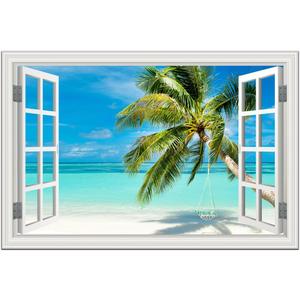 Ocean Wall Art Pictures for Beach Canvas Painting for Living Room Fake White Window Frame Style Blue Seascape Print Tropical Beach Palm Tree Artwork for Home Bedroom Office Decoration 24x36inch