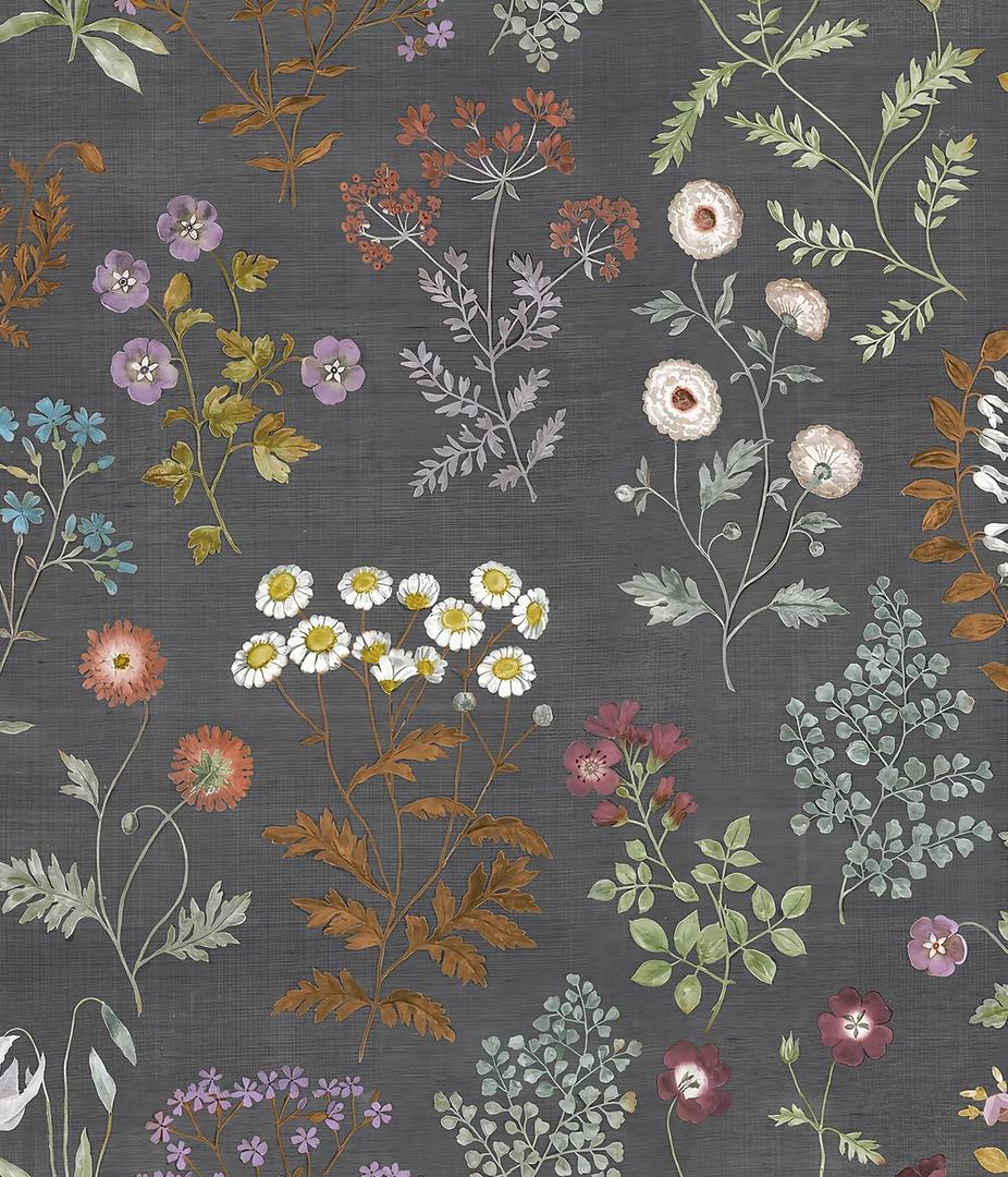 Orainege Floral Peel and Stick Wallpaper Boho Floral Contact Paper 16.9inx118.1in Vintage Wildflower Removable Self Adhesive Waterproof Wallpaper for Bathroom Bedroom Cabinets (Dark Gray)