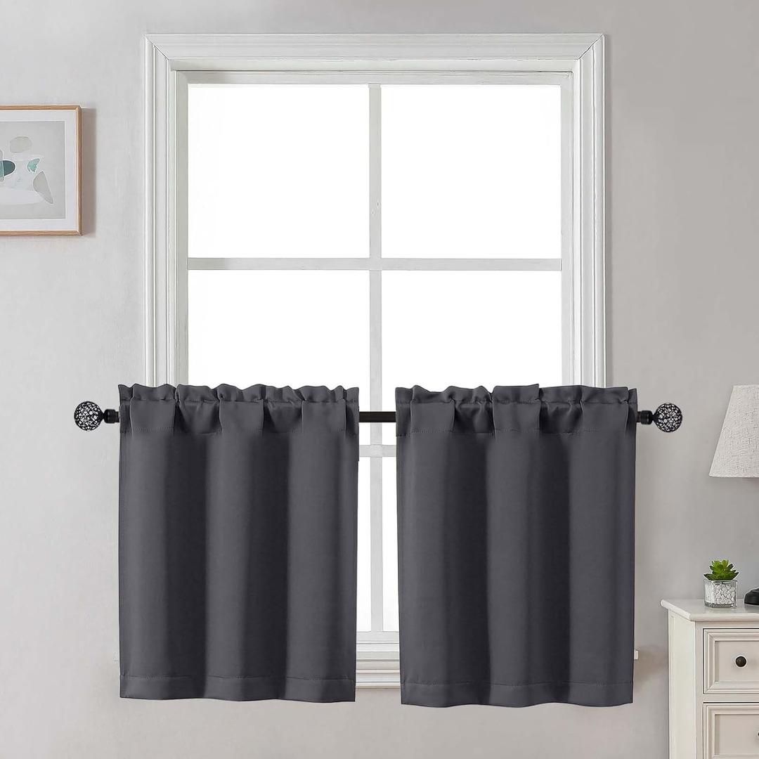 Gwine 24 Inch Long Tier Curtains for Small Window, Short Blackout Kitchen Curtains Over Sink, Half Window Drapes for Bedroom Bathroom Basement, 2 PCS, Each 30" Wx24 L, Charcoal Grey