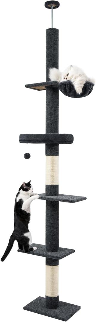 Made4Pets Floor to Ceiling Cat Tree, 5 Tiers Cat Tower, Adjustable Height 96-108'', Tall Cat Climbing Tower with Scratching Posts, Cozy Hammock, Fluffy Perchs for Indoor Cats, Dark Grey