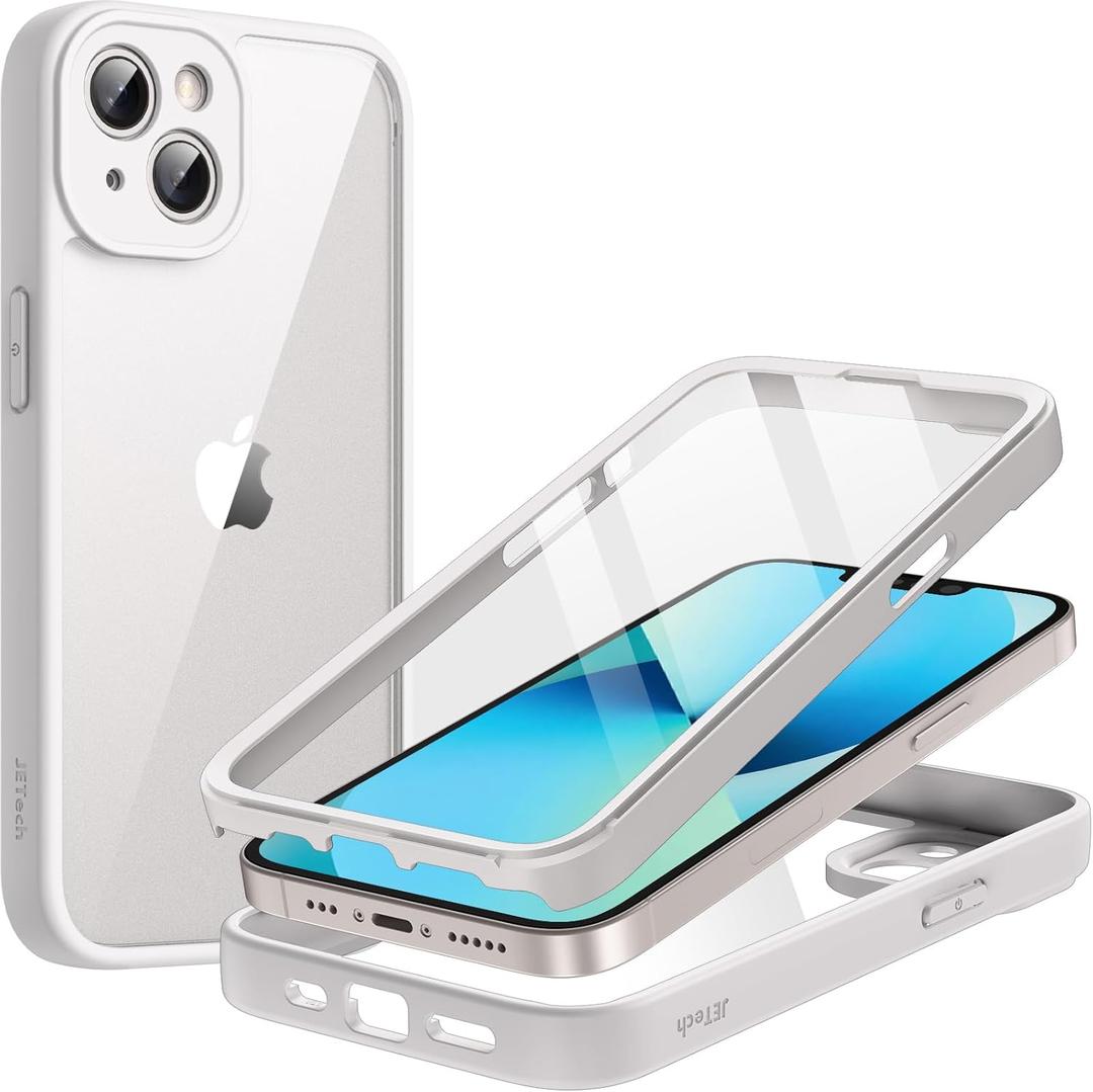 JETech Case for iPhone 13 6.1-Inch with Built-in Tempered Glass Screen Protector, 360 Degree Full Body Heavy Duty Protection, Shockproof Rugged Phone Cover Clear Back (White)