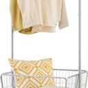 Tajsoon Laundry Cart with Hanging Rack, Metal Rolling Laundry Cart with Wheels and Storage Basket, Silver