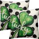 St. Patrick's Day Throw Pillow Covers 18x18 Inch Set of 2 Lucky Shamrock and Cream Dot Cushion Case Square Lucky Clover Green and Cream Throw Pillows Case for Party Sofa Couch Bed Bench Outdoor