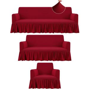 Fanfanwin 3 Pcs Sofa Slipcover Set for Couch Cushion Durable Washable High Elastic Stretchable Furniture Couch Covers with Skirt for Sofa Loveseat Arm Chair (Burgundy,Milk Silk)