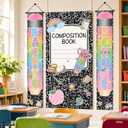 4 x Composition Notebook Classroom Decor Door Banner, Back To School Decorations with Classroom Door Cover and Pencil Porch Banner, Back To School Door Cover for First Day of School Decorations (Black)