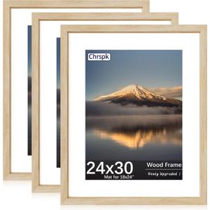 24X30 Poster Frame, Display Pictures 18X24 with Mat or 24X30 Without, Wall Hanging Frames, Natural Oak, 3 Pack
