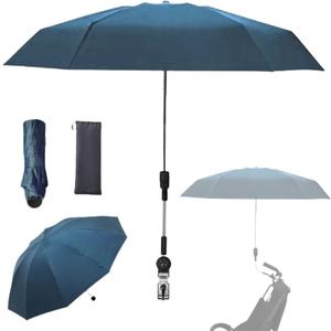 Clip-on Umbrella for Stroller Sunshade, Adjustable Steering Angle, Handle Included, Compact and Lightweight, Suitable for All Kinds of Strollers (Misty Blue)
