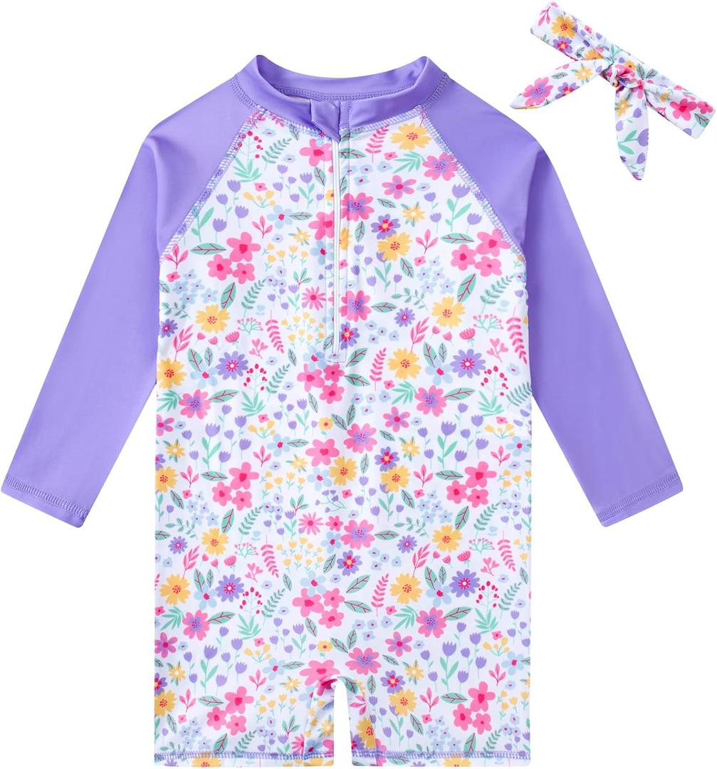Funnycokid Baby Girls One Piece Swimsuit Rash Guard Zipper Bathing Suit UPF 50+ Sun Protection Swimwear with Headband 3-4T