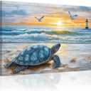 QIXIANG Sea Turtle Bathroom Wall Decor Beach Canvas Painting Art Ocean Lighthouse Picture Coastal Lakeside Cabin Decor Framed(Blue,16L x 24W)
