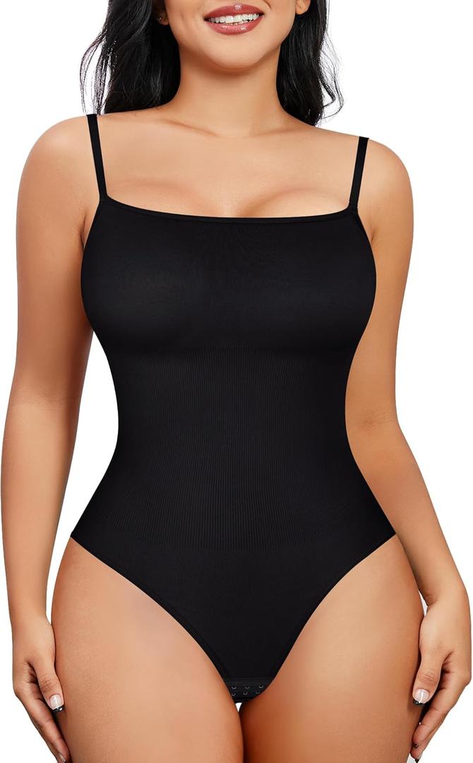 Nebility Shapewear Waist Trainer Bodysuits Women Clothing Tummy Control Seamless Full Body Shaper Square Neck Jumpsuits Top (Medium, Black Thong Bodysuit)