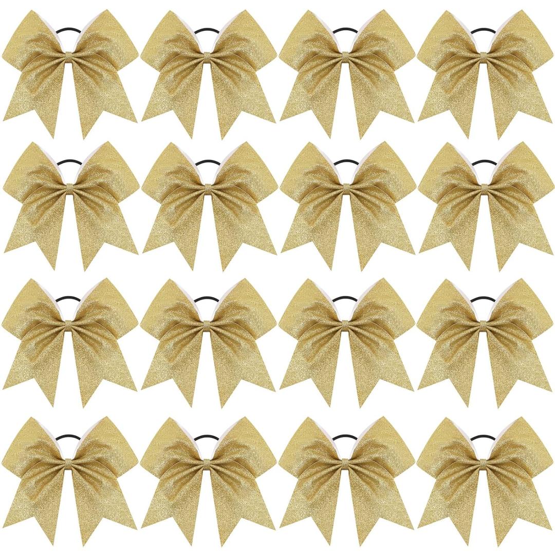 16PCS 8" Large Glitter Cheer Bows for Cheerleaders, CN Sparkly Hair Bows with Elastic Hair Ties Accessories for Teens Girls Women Cheerleading Softball Competition Sports (Gold)
