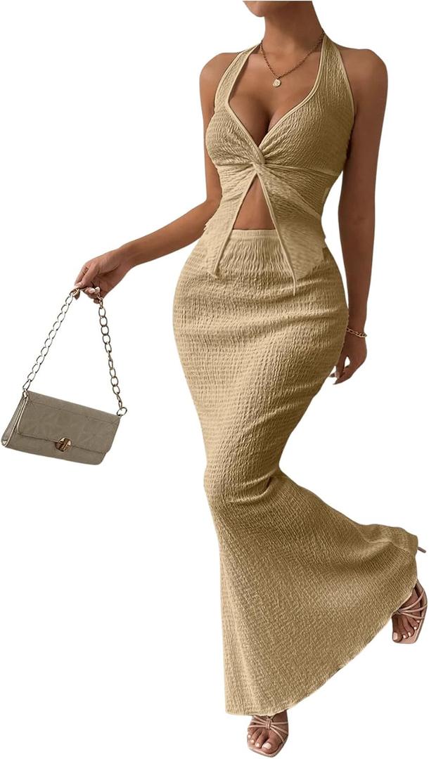 SOLY HUX Women's Two Piece Outfits Twist Front Halter Cami Tops and Skirt Summer Set (Beige, XL)