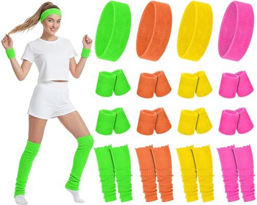 Hillban 4 Set 80s Leg Warmers for Women Men 80s 90s Accessories Neon Headband Wristband Workout Outfit for Carnival Party (Vivid Color)