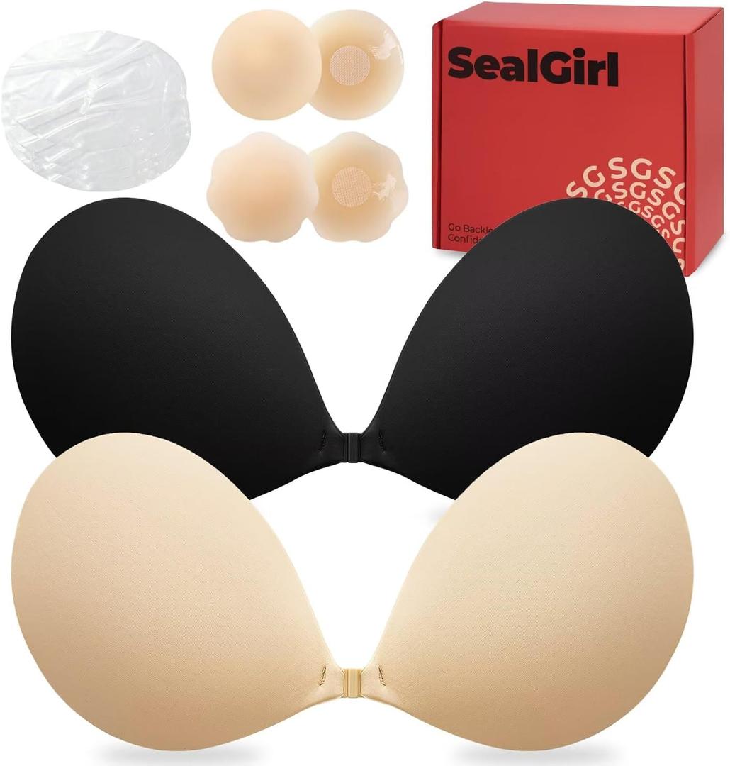 Sticky Bra Push Up - 2 Pairs Backless Strapless Bra Invisible Adhesive Bras for Wedding Prom with Nipple Pasties, Cup Size A