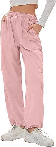 Bloggerlove Womens Cargo Pants Wide Leg Jogger Y2K Parachute Drawstring Waist Casual Baggy Pant with Pockets Trendy Pink L