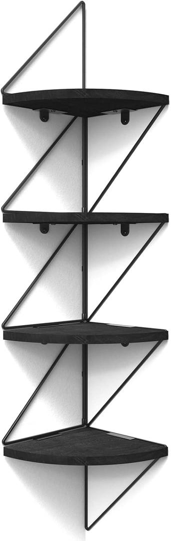 SZQINJI Corner Shelf Wall Mount 4-Tier Rustic Wood Floating Shelves Wall Shelves for Bedroom Living Room Bathroom Kitchen Office Vintage Black, 7.48D x 7.87W x 39.37H in