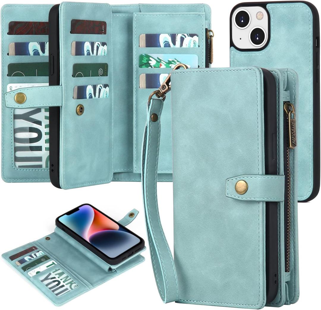 TwoHead Designed for iPhone 13 Wallet Case with Card Holder, Detachable Magnetic Phone Case with Wallet PU Leather Wallet Phone Case for iPhone 13 Case Wallet for Women/Men with Wrist Strap(Blue)