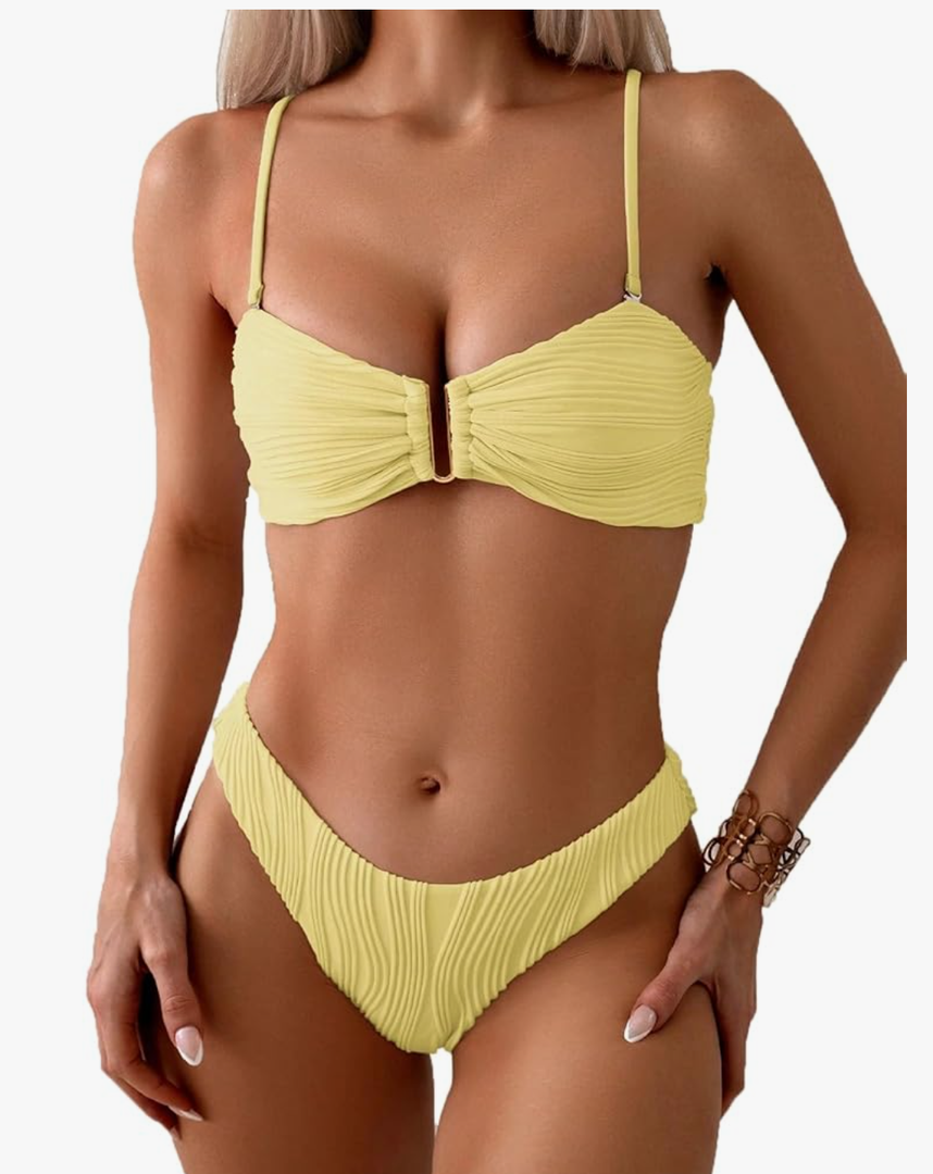 Fanuerg Women's Ribbed Bikini Sets U Wire Adjustable Spaghetti Straps Swimsuit Textured Ruched Two Piece Bathing Suit Size L