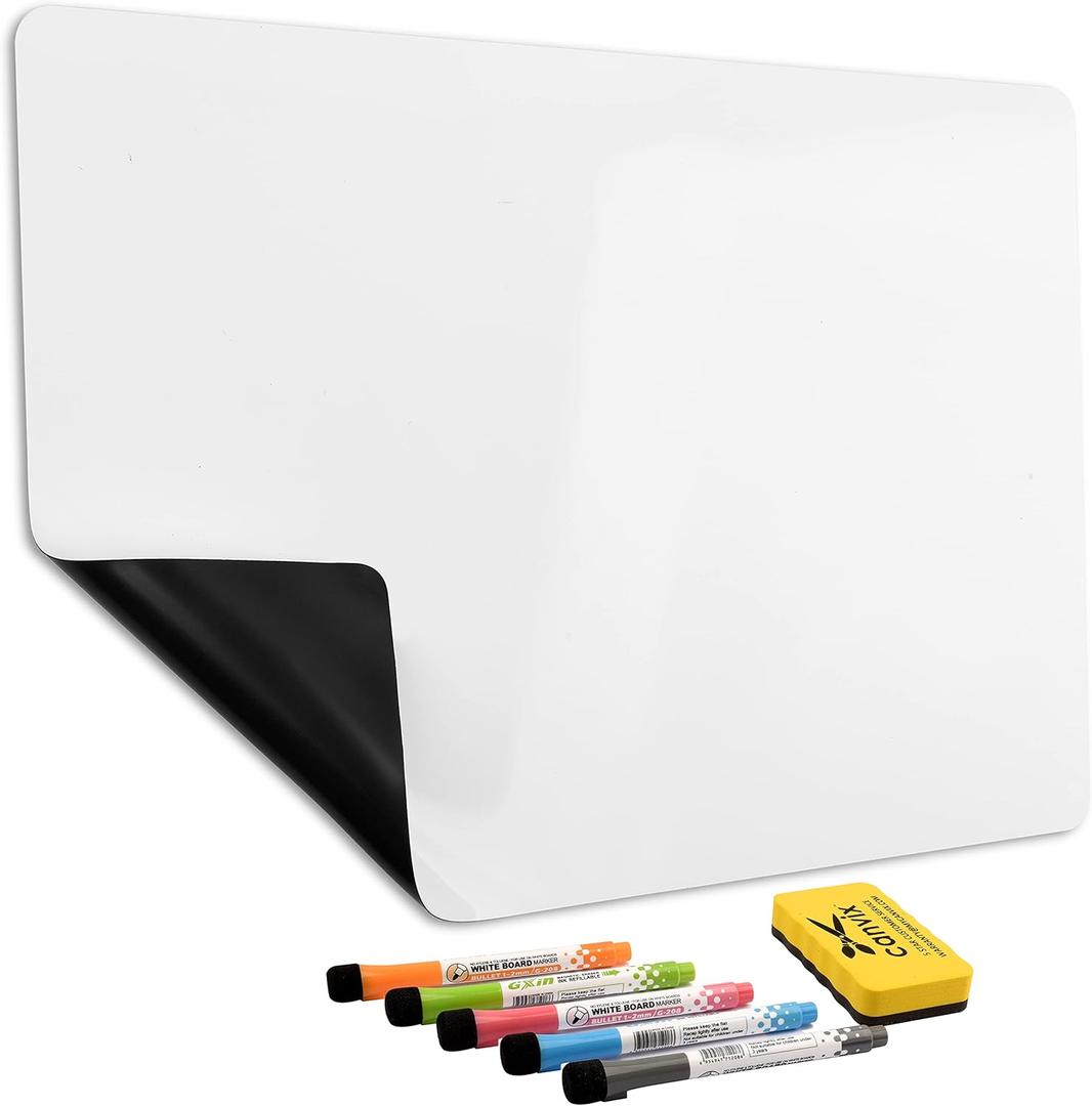Magnetic Dry Erase Whiteboard for Refrigerator  Magnetized, Removable, Residue-Free Art and Memo Board for Home and Office  Magnetic Markers & Eraser Included (12 x 8 Inches)