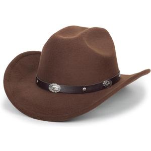 Classic Black Western Felt Roll Up Brim Cowboy and Cowgirl Hat for Women and Men - Decoration with Western Belt Bukle (7-7 1/4, Brown-vintage Buckle Belt)