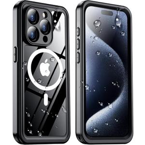 Temdan Magnetic for iPhone 15 Pro Case Waterproof,Built-in Screen Protector[IP68 Underwater][Upgrade Military Dropproof][Compatible with MagSafe] Full Body Shockproof for Phone Case 6.1'' - Black