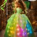 Light Up Girls Halloween Costume Toddler Fairy Dress & Wings Green Fairy Girls Costume Princess Ball Gown Kids (5-6 Years)