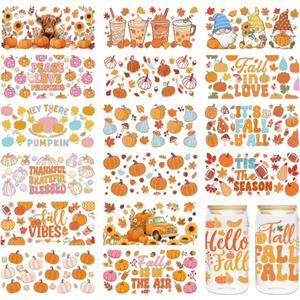 UV DTF Cup Wraps for 16 oz - 18 Sheet Fall UV DTF Transfer Stickers, Fall Cup Wraps for Glass, Harvest Waterproof Decals, Autumn Festival DIY Crafts for Family