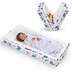 Portable Foldable Toddler Travel Bed  Air Layer Fabric Soft Foam Floor Crib with Safety Rails, No Assembly, Washable Cover, Compact Kids Sleep Solution for Home, Trips & Daycare, Cream
