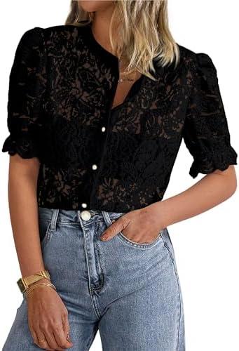 PRETTYGARDEN Womens 2025 Spring Lace Tops Short Puff Sleeve Casual Dressy Blouses Eyelet Crew Neck Button Down Shirts L