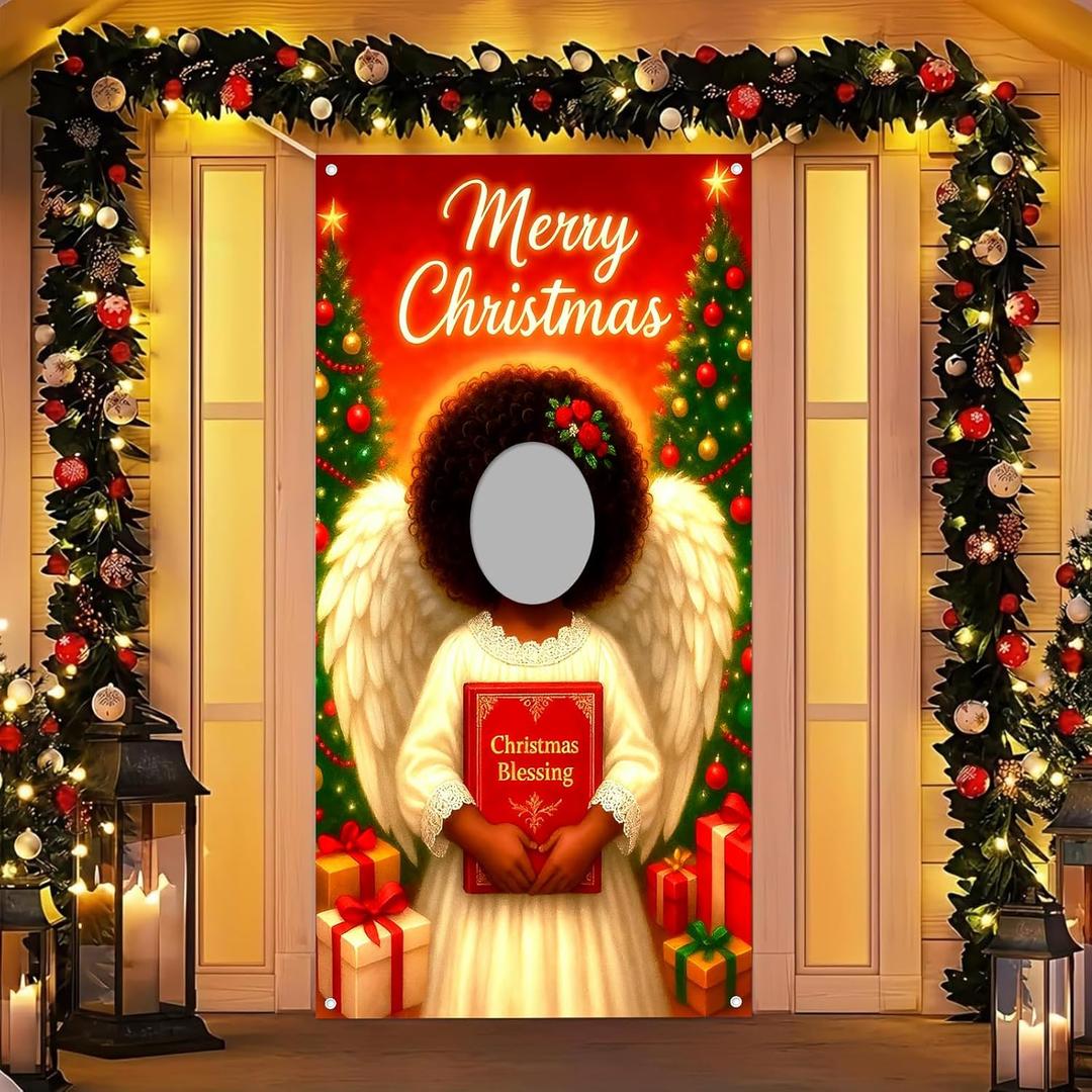 Christmas Angel Photo Door Banner 35x71inch Holiday Backdrop Party Decorations Merry Christmas Background Supplies Angel Gift Props for Indoor Outdoor Photography