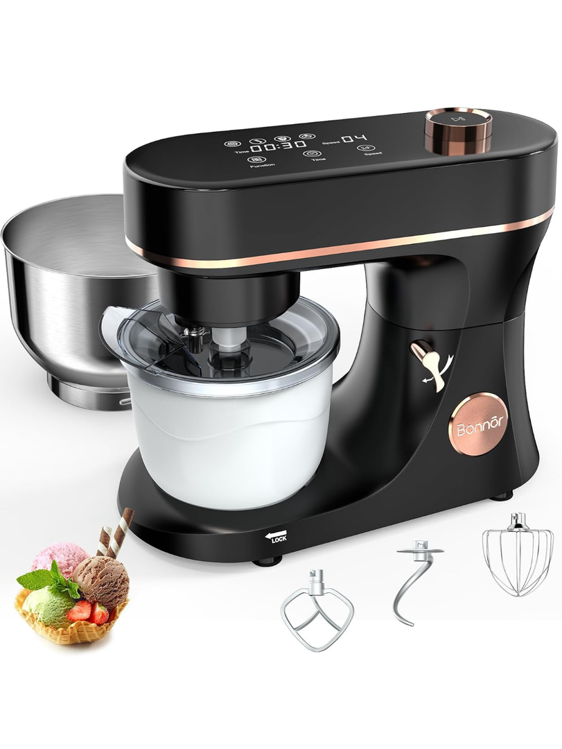 Stand Mixer Set, 6QT Kitchen Mixer with LED Touchscreen, 11-Speed Tilt-Head Mixer with Timer, 4 Preset Menus, Stainless Steel Bowl, Hook, Whisk, Beater,Plus 2QT Ice Cream Maker Attachment,Black