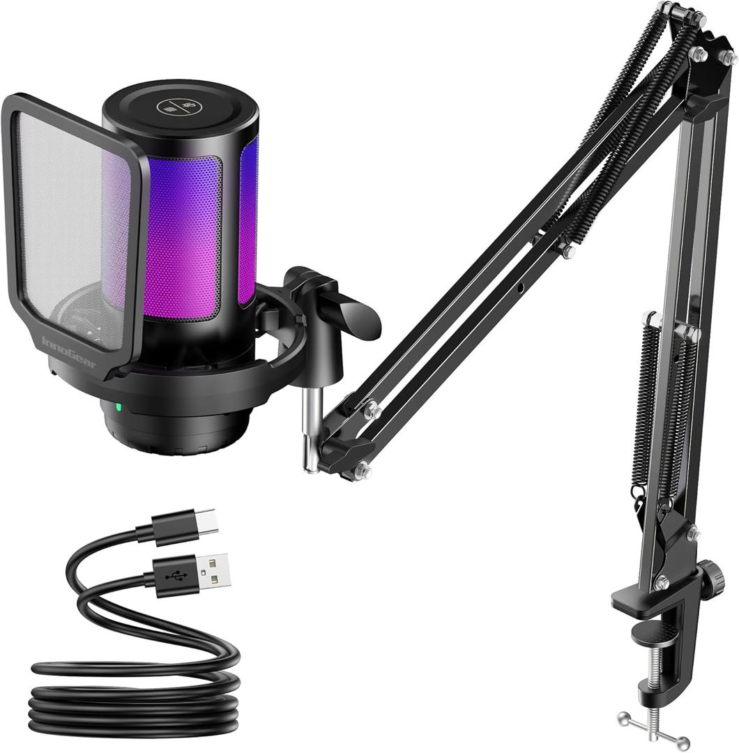 InnoGear Gaming USB Microphone, Noise Cancellation Condenser Mic with Mute, Gain, RGB Indicator, Boom Arm Stand for Streaming, Podcast, Twitch, YouTube, Discord, PC, Computer, PS4, PS5, Mac, Black