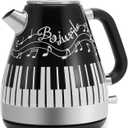 Electric Kettle with Piano & Musical Notes Design, 1.7L Stainless Steel Interior, 1200W Fast Water Boiler for Tea & Coffee, Cordless with Auto Shut-Off, Unique Musician Gift & Kitchen Decor