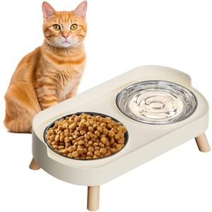 Elevated Cat Bowl, Raised Cat Food and Water Bowl Set for Indoor Cats, Splash Proof with 2 Stainless Steel Pet Food Bowls for Cats and Puppies, Whisker Fatigue and Dishwasher Safe - White