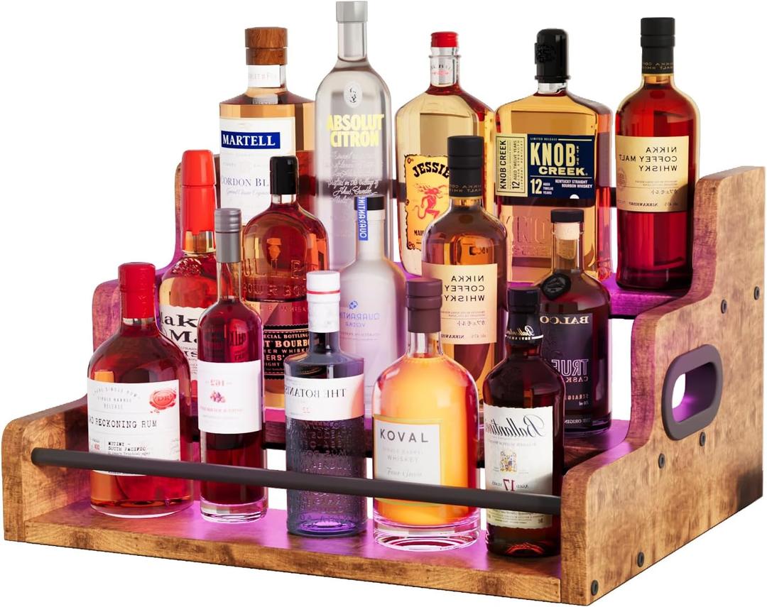 Liquor Bottle Display Shelf, Wine Bottle Display Rack with LED Stripe, 3-Tier Bar Shelf Stand, Whiskey Spirits Wine Holder for Tavern, Mini Bar, Liquor Cabinet, Coffee Syrup Organizer for Home(Brown)