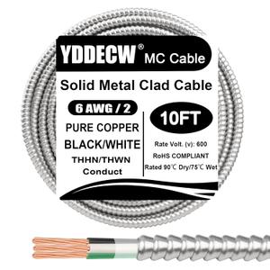 10ft 6/2 Metal Clad (MC) Cable with Ground, 6 Gauge Electric Wire with Aluminum Armor, Solid Bare Copper Conductors for Indoor Outdoor Underground Embedded Installation (6/2, 10 ft)