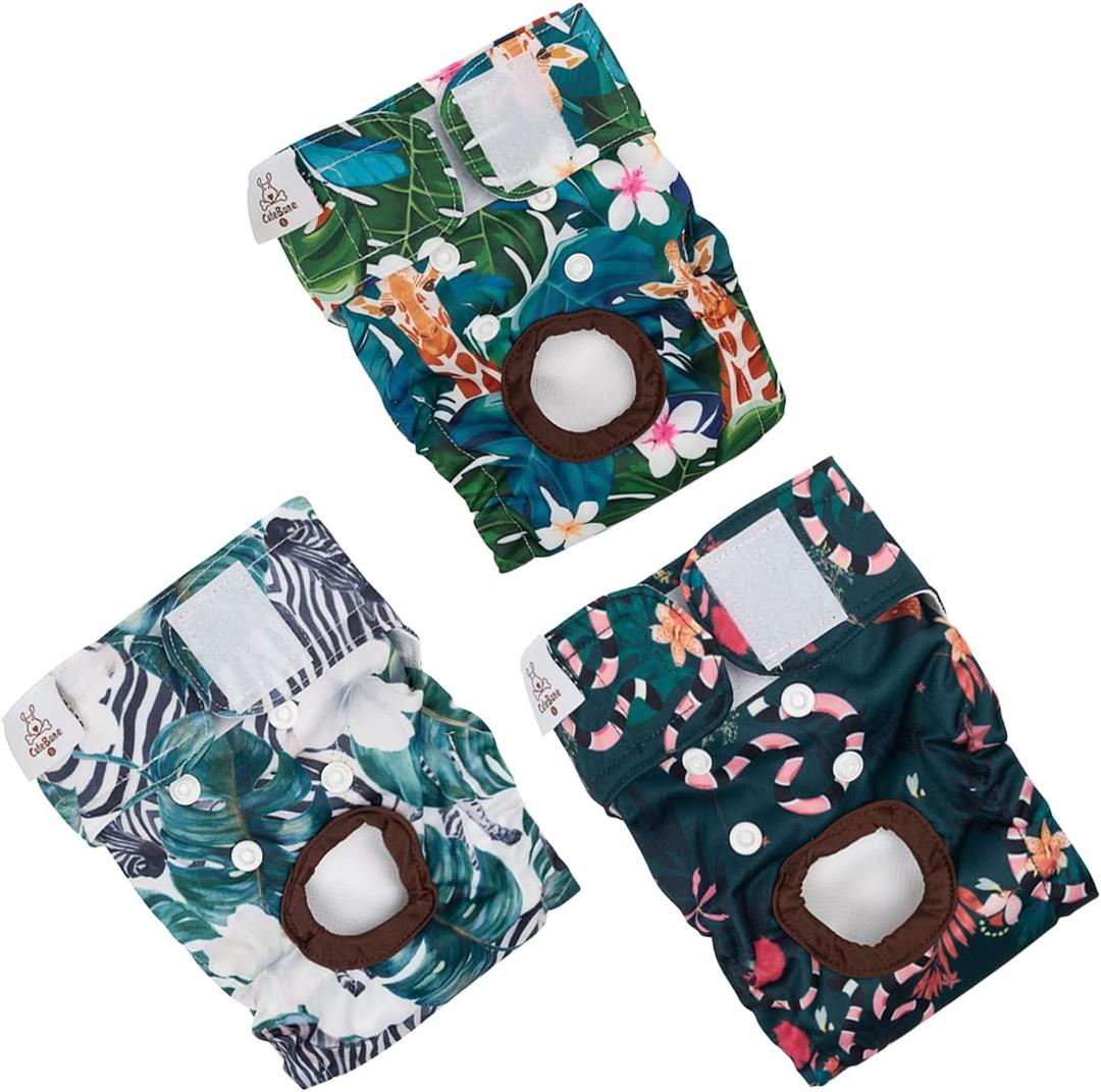 CuteBone Dog Diapers Female Washable Small Medium Large 3 Pack Reusable Doggie Diapers Puppy Period Pants for Doggy Heat Cycle Peeing, Jungle series 3pcs, XL