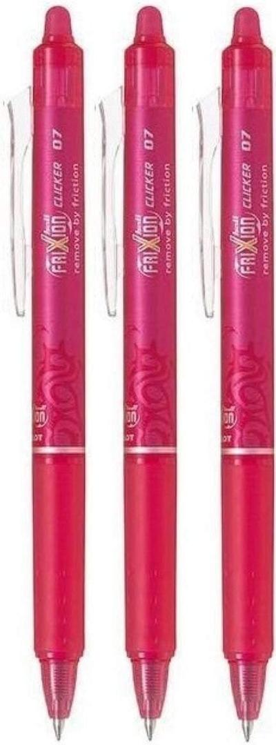 Pilot Pink Frixion Clicker Retractable Fine Rollerball Erasable Pens Pen 0.7mm Nib Tip 0.35mm Line BLRT-FR7 (Pack Of 3)