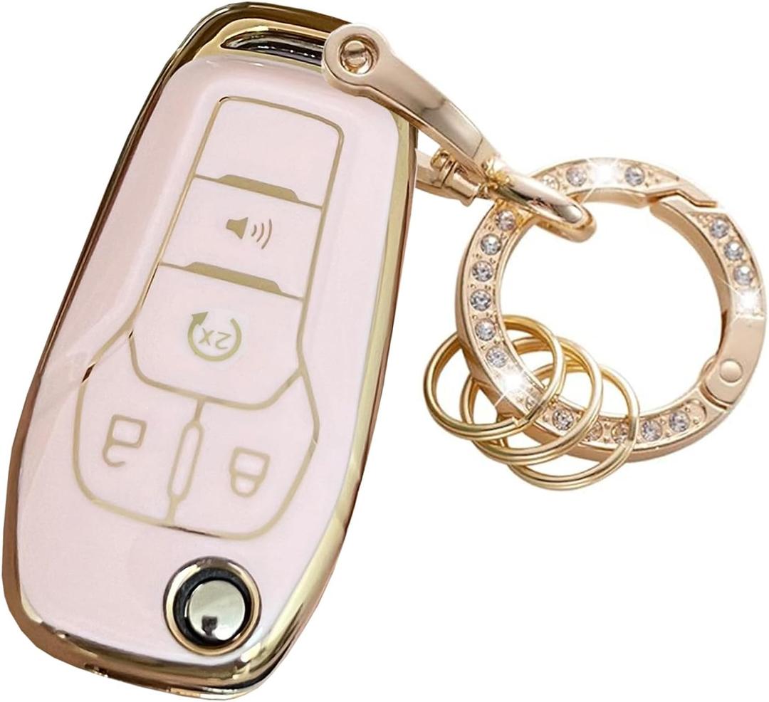 for Ford Key Fob Cover Key Protective Flip Key Shell Holder Fit for Ford Fusion N5F-A08TAA (Pink)