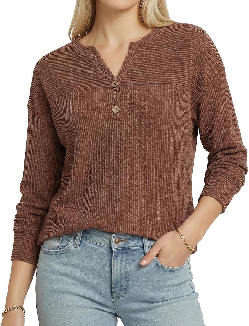 MANGOPOP Ribbed Henley Sweatshirt for Women, Oversized Casual Long Sleeve Pullover Top with Decorative Buttons
