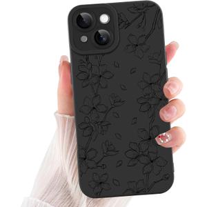 ZIYE for iPhone 15 Plus Case Flower Floral Pattern for Women Girls Slim Soft TPU Camera Protection Cute Cover Designed for iPhone 15 Plus 6.7 Inch, Black
