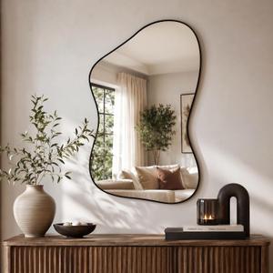 40"x26" Irregular Wall Mirror with Black Frame, Asymmetrical Abstract Decorative Mirror for Bedroom Living Room Entryway Modern Organic Shaped Wall Mirror