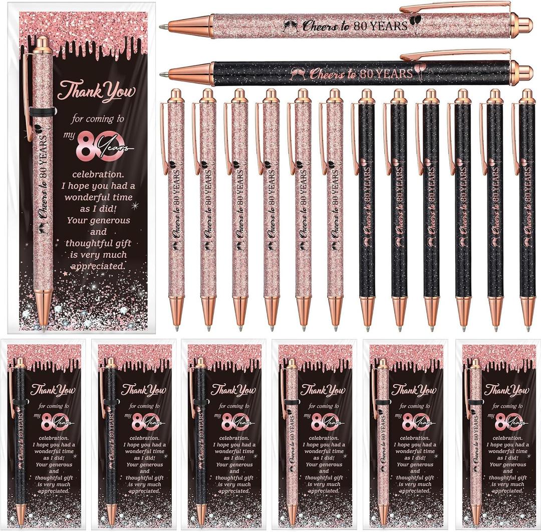 Sayglossy 30 Sets 80th Birthday Supplies for Guests Include 30 Cheers to 80 Years Ballpoint Pens with 30 Thank You Cards 50 OPP Bag and 50 Twist Ties Office School Birthday Anniversary Party Favors (Rose Gold)