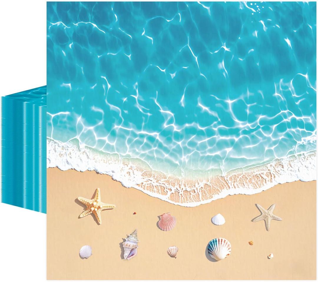 50 Pcs Beach Paper Napkins 6.5 x 6.5 Inches, Ocean Waves Theme Disposable Luncheon Dinner Party Napkins Cocktail Napkin for Baby Shower Summer Hawaiian Birthday Party Decorations (Beach)